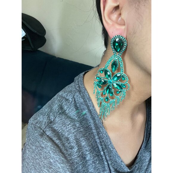 Big Green Crystal earrings large rhinestone emerald dark green pine green huge - Picture 2 of 6